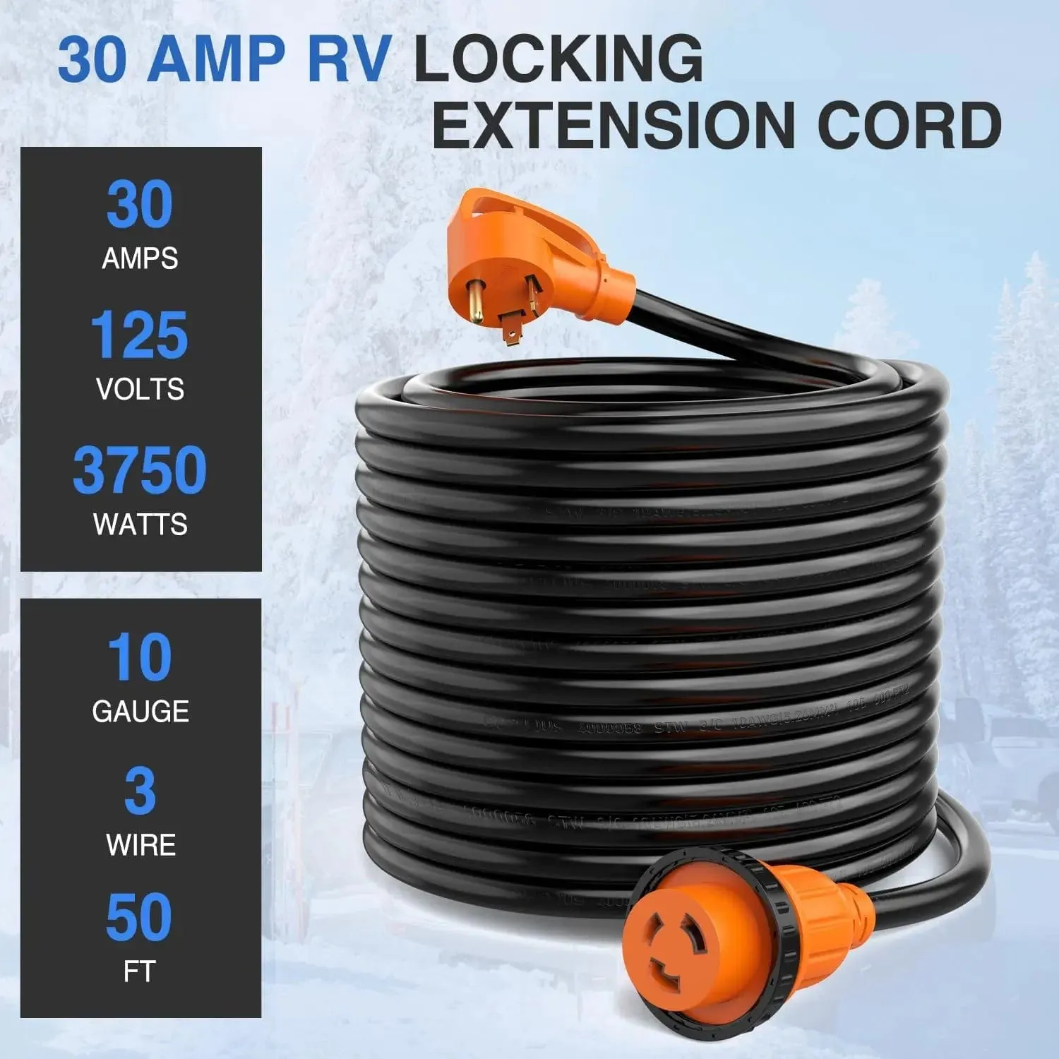 30Amp RV 50FT Locking Extension Cord Drag Tool