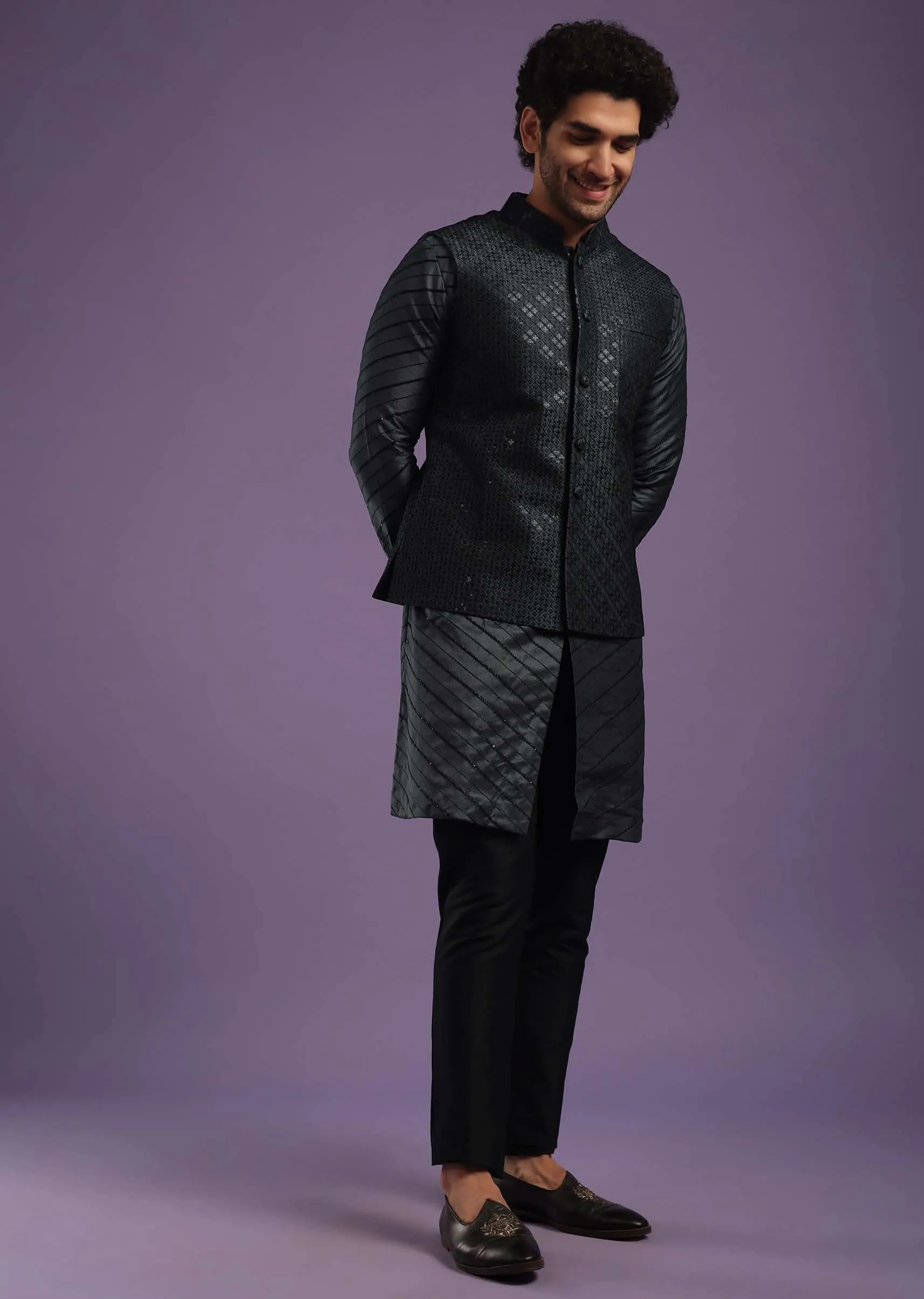 Black Jacket Kurta Set In Cotton Silk With Sequins And Thread Work