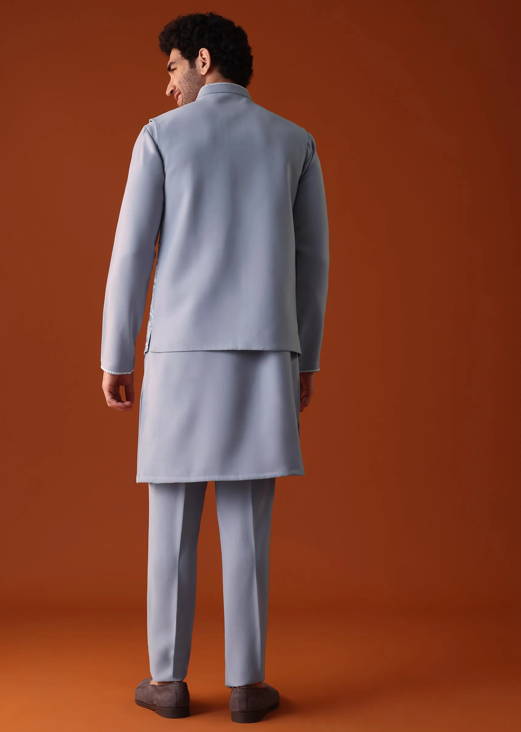 Cool Grey Thread Embroidered Bandi Jacket Set In Polyster Fabric