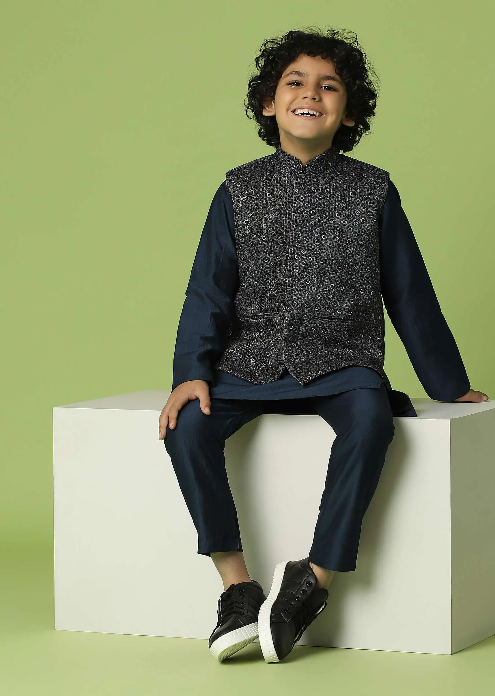 Kalki Navy Blue Jacket Kurta Set In Silk With Sequins