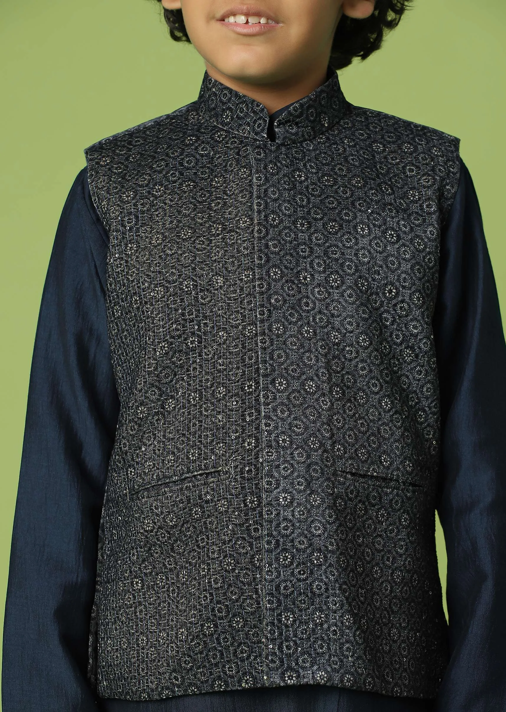 Kalki Navy Blue Jacket Kurta Set In Silk With Sequins