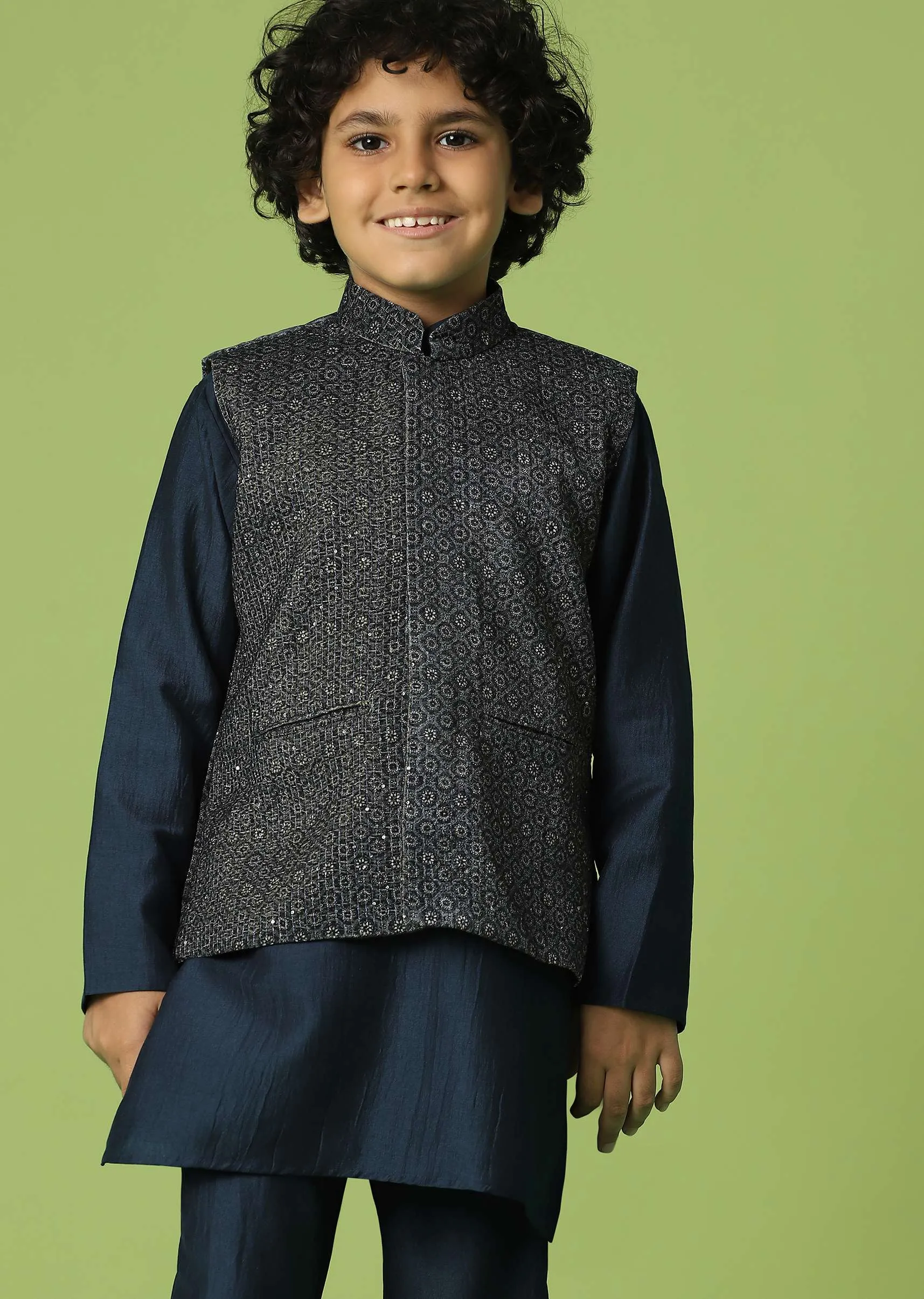 Kalki Navy Blue Jacket Kurta Set In Silk With Sequins