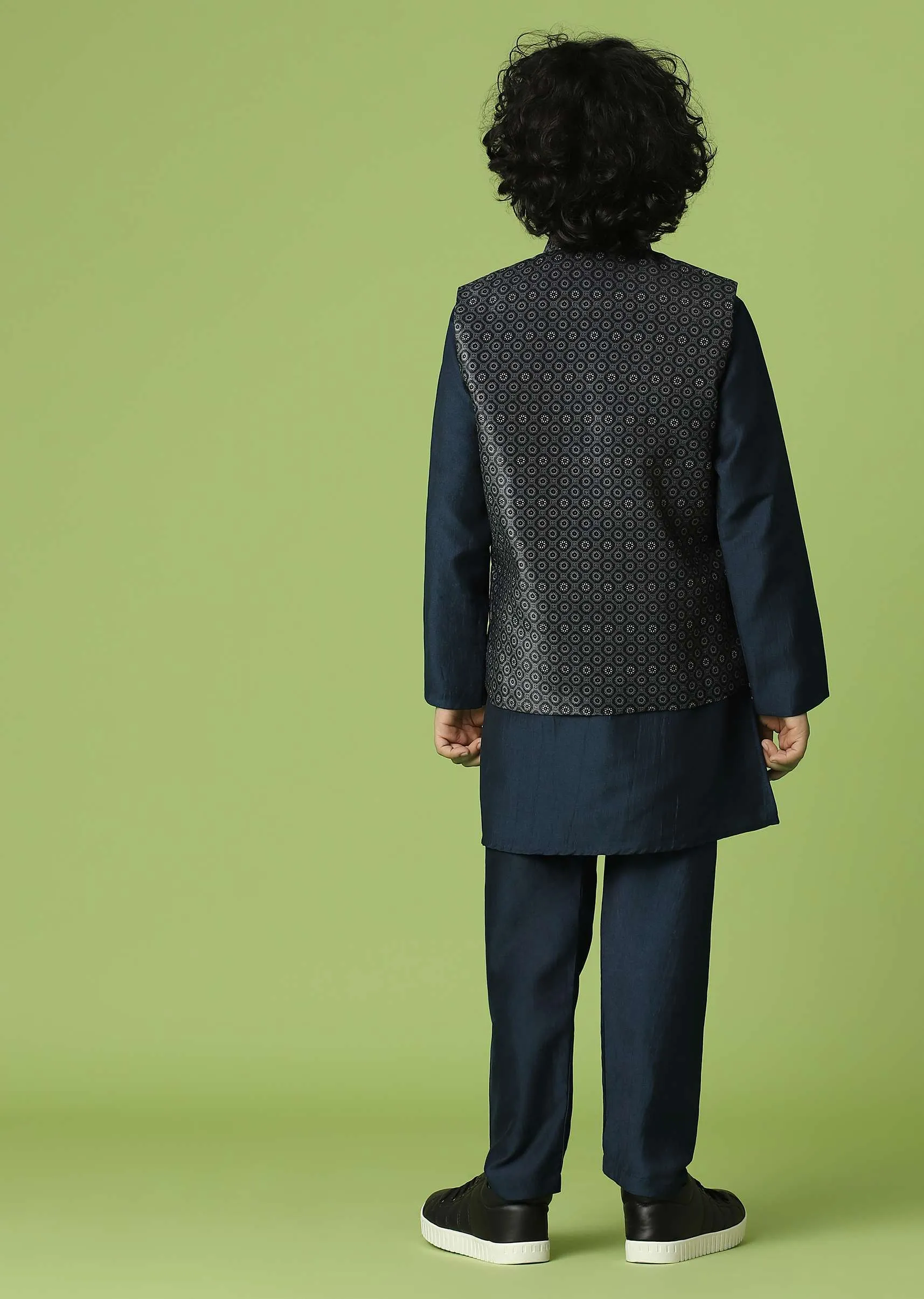 Kalki Navy Blue Jacket Kurta Set In Silk With Sequins