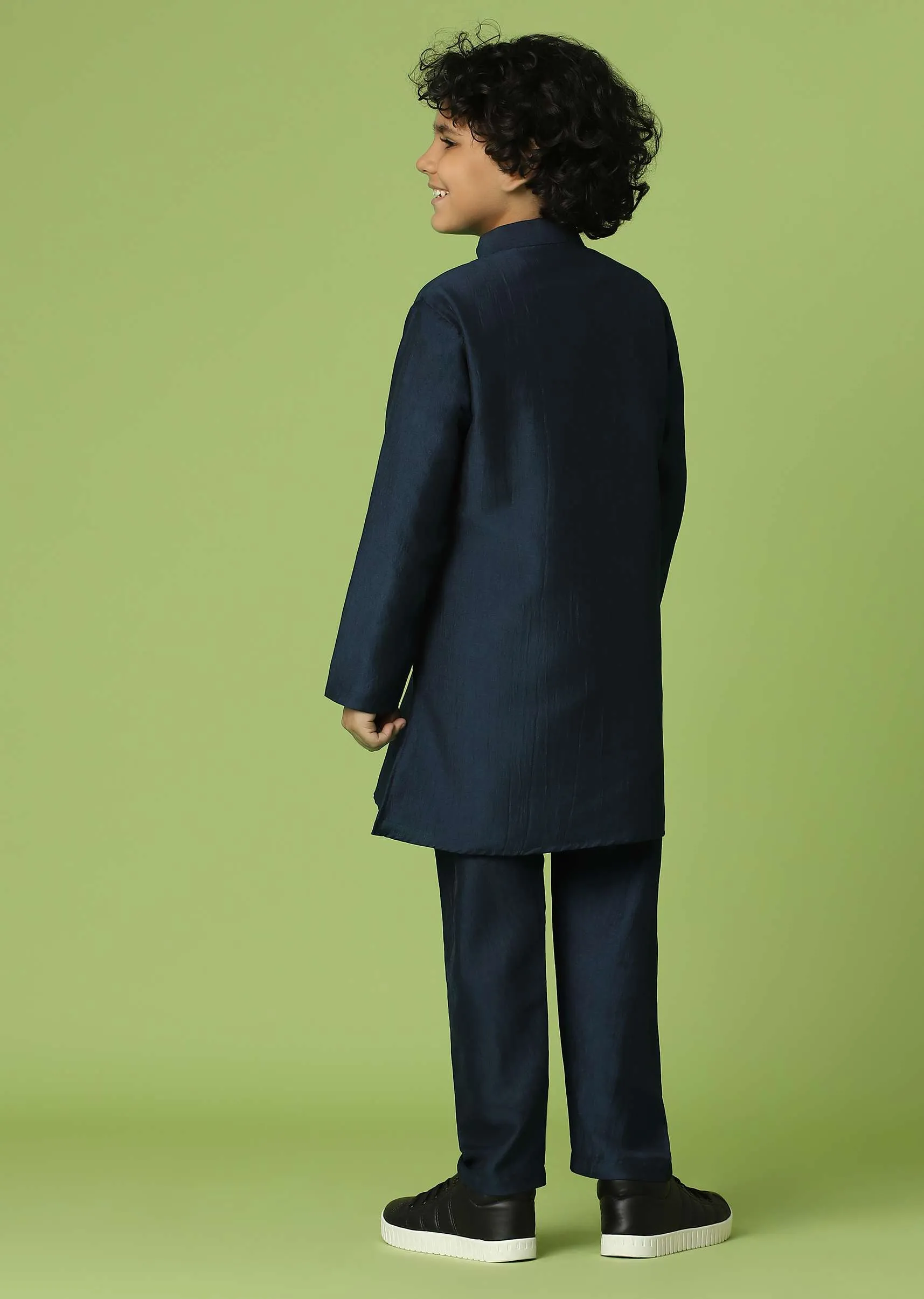 Kalki Navy Blue Jacket Kurta Set In Silk With Sequins