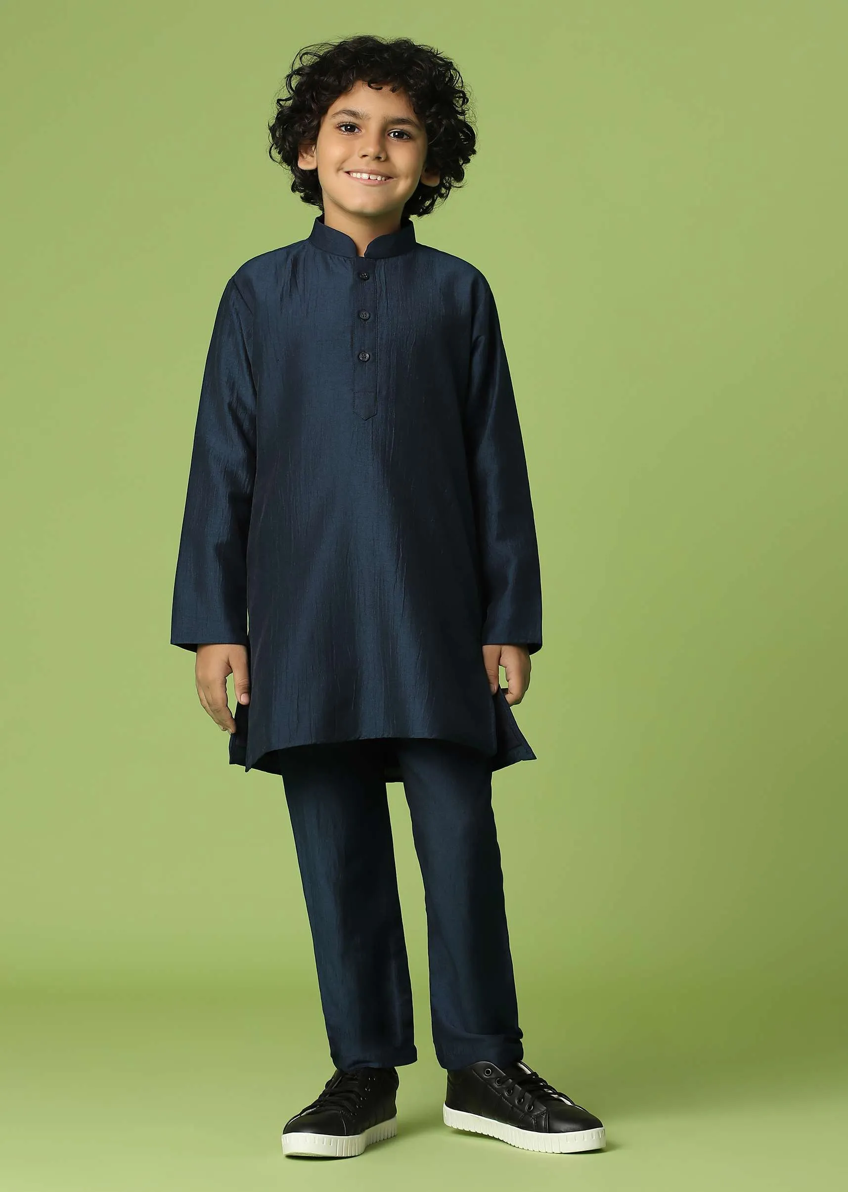 Kalki Navy Blue Jacket Kurta Set In Silk With Sequins