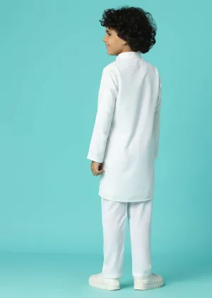 Kalki Pearl White Jacket Kurta Set In Silk With Floral Print For Boys