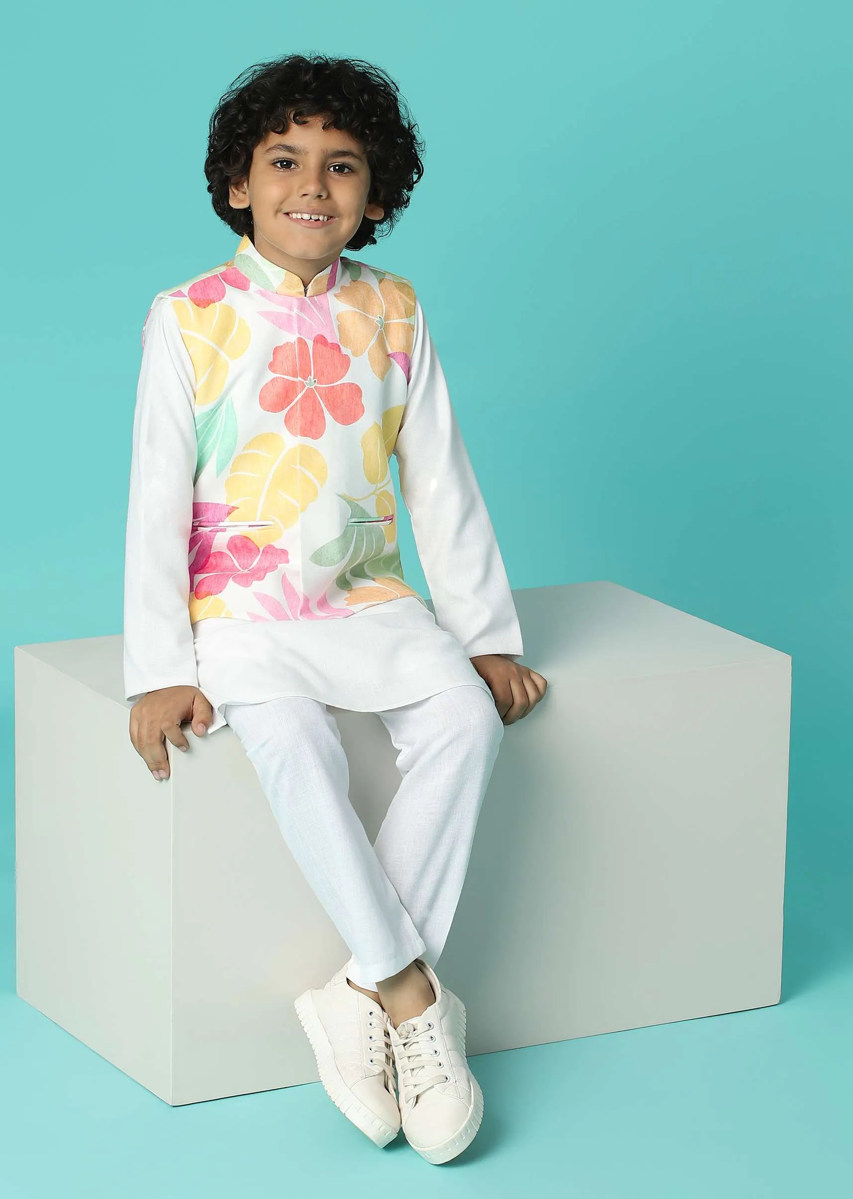 Kalki Pearl White Jacket Kurta Set In Silk With Floral Print For Boys