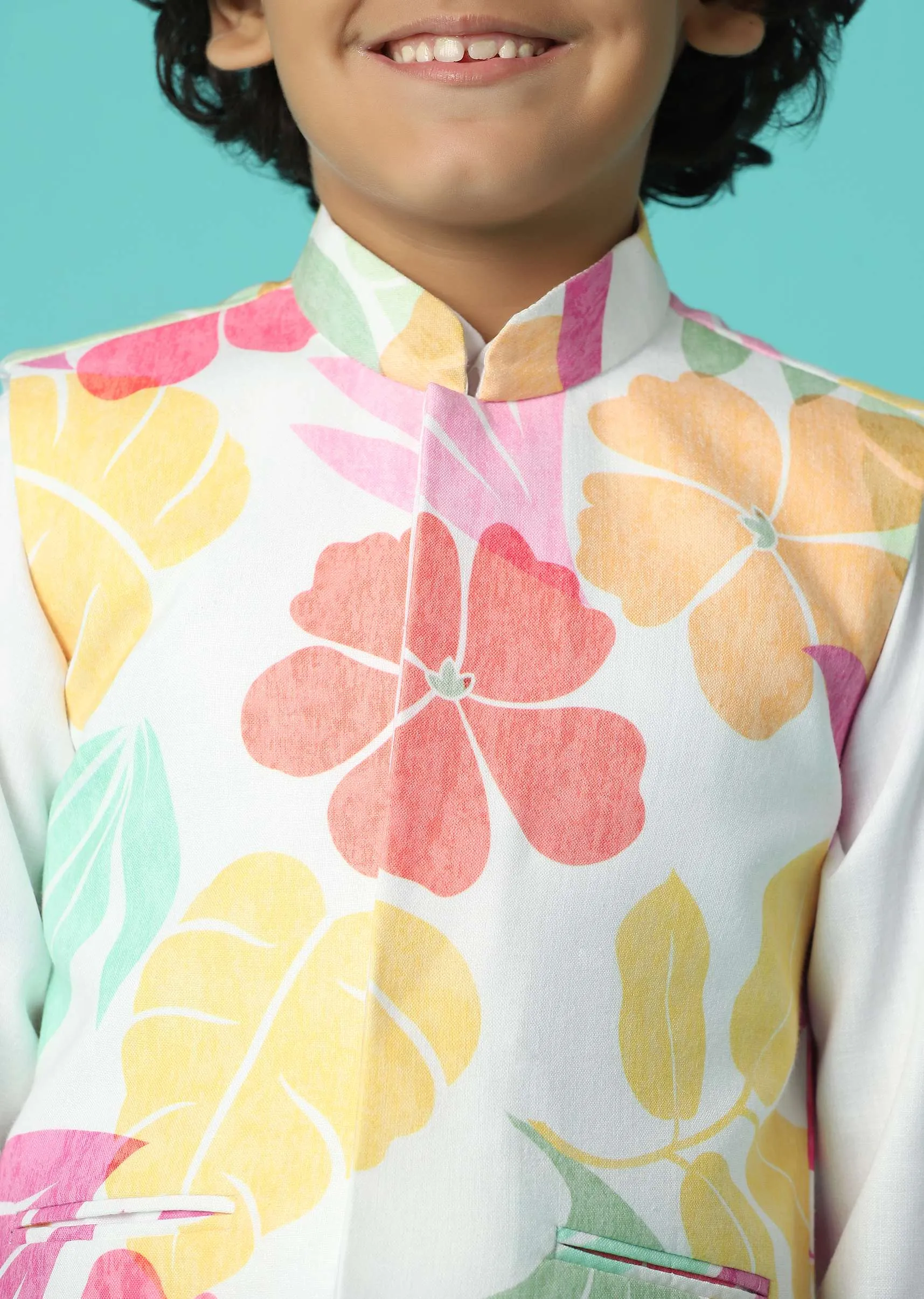 Kalki Pearl White Jacket Kurta Set In Silk With Floral Print For Boys