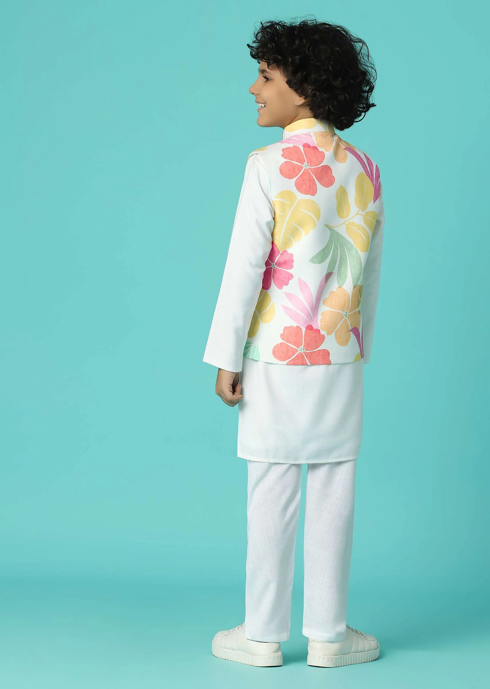 Kalki Pearl White Jacket Kurta Set In Silk With Floral Print For Boys
