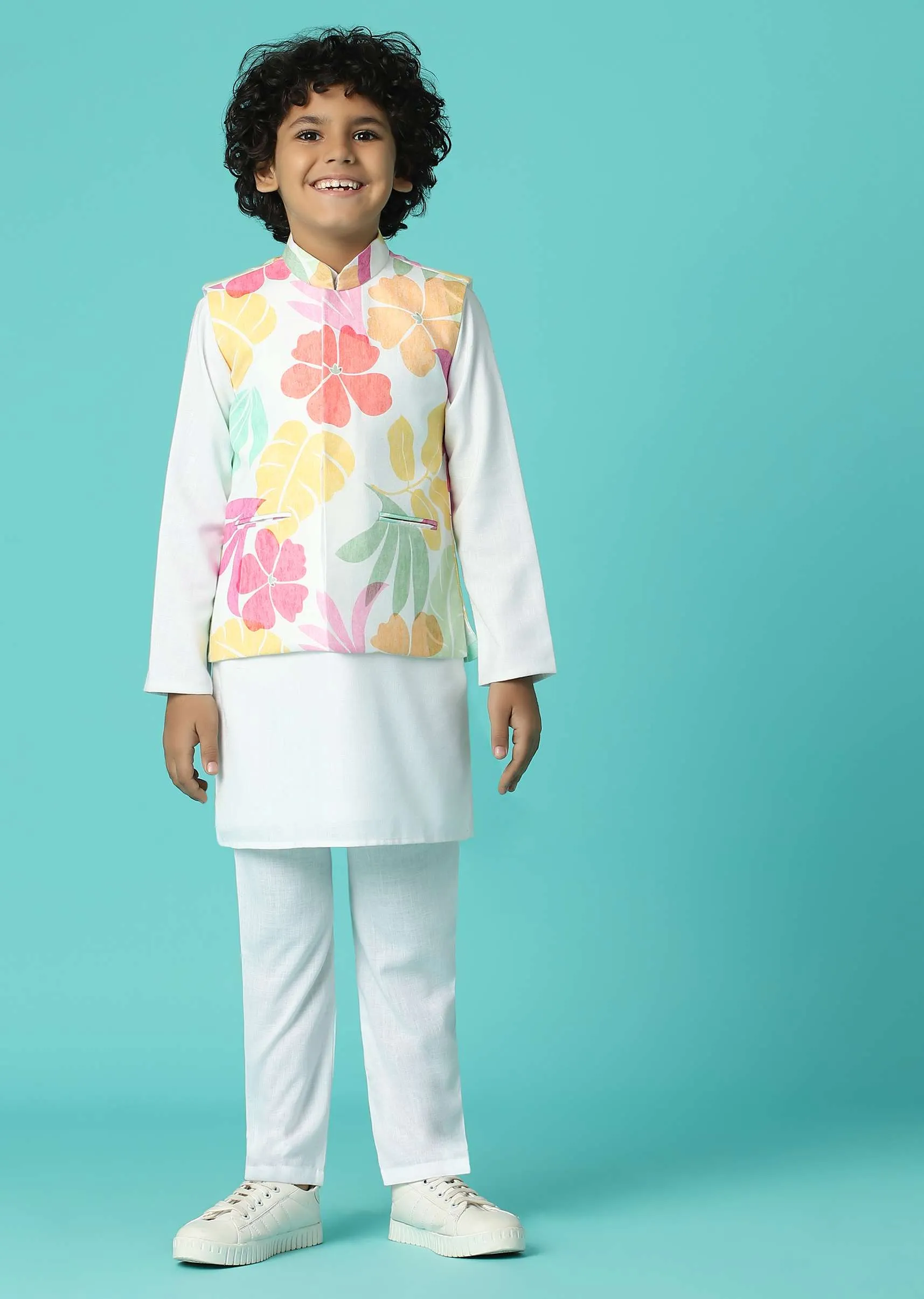Kalki Pearl White Jacket Kurta Set In Silk With Floral Print For Boys