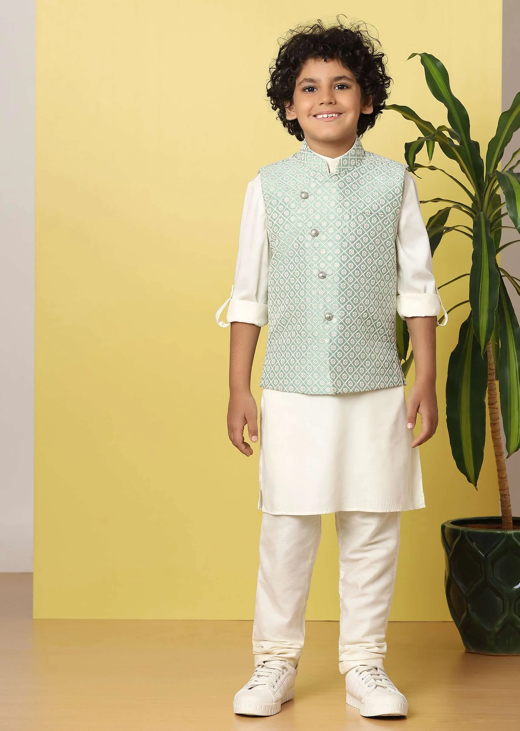 Kalki Pista Green Boys Bandi Jacket Set With In Silk With Threadwork