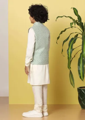 Kalki Pista Green Boys Bandi Jacket Set With In Silk With Threadwork