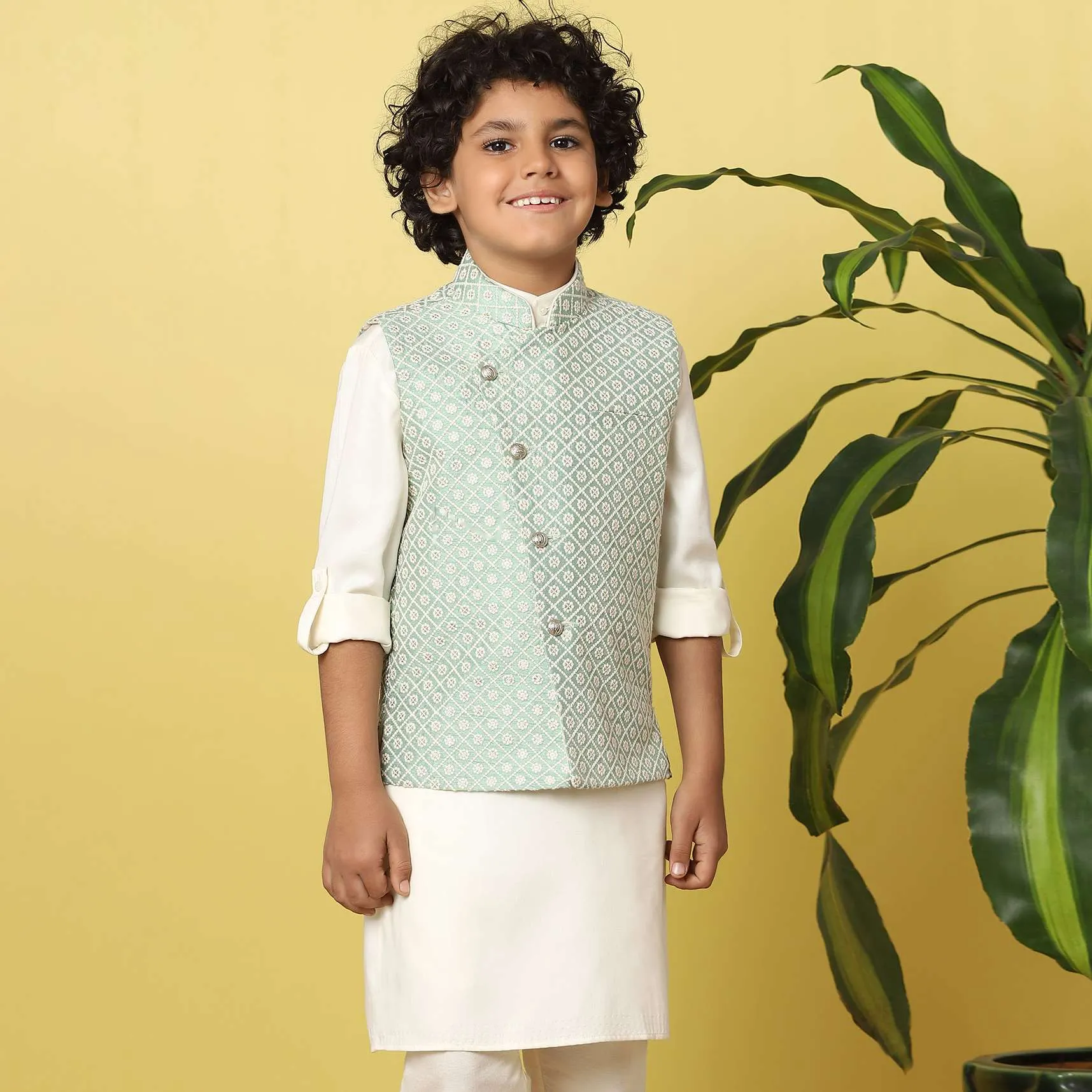 Kalki Pista Green Boys Bandi Jacket Set With In Silk With Threadwork