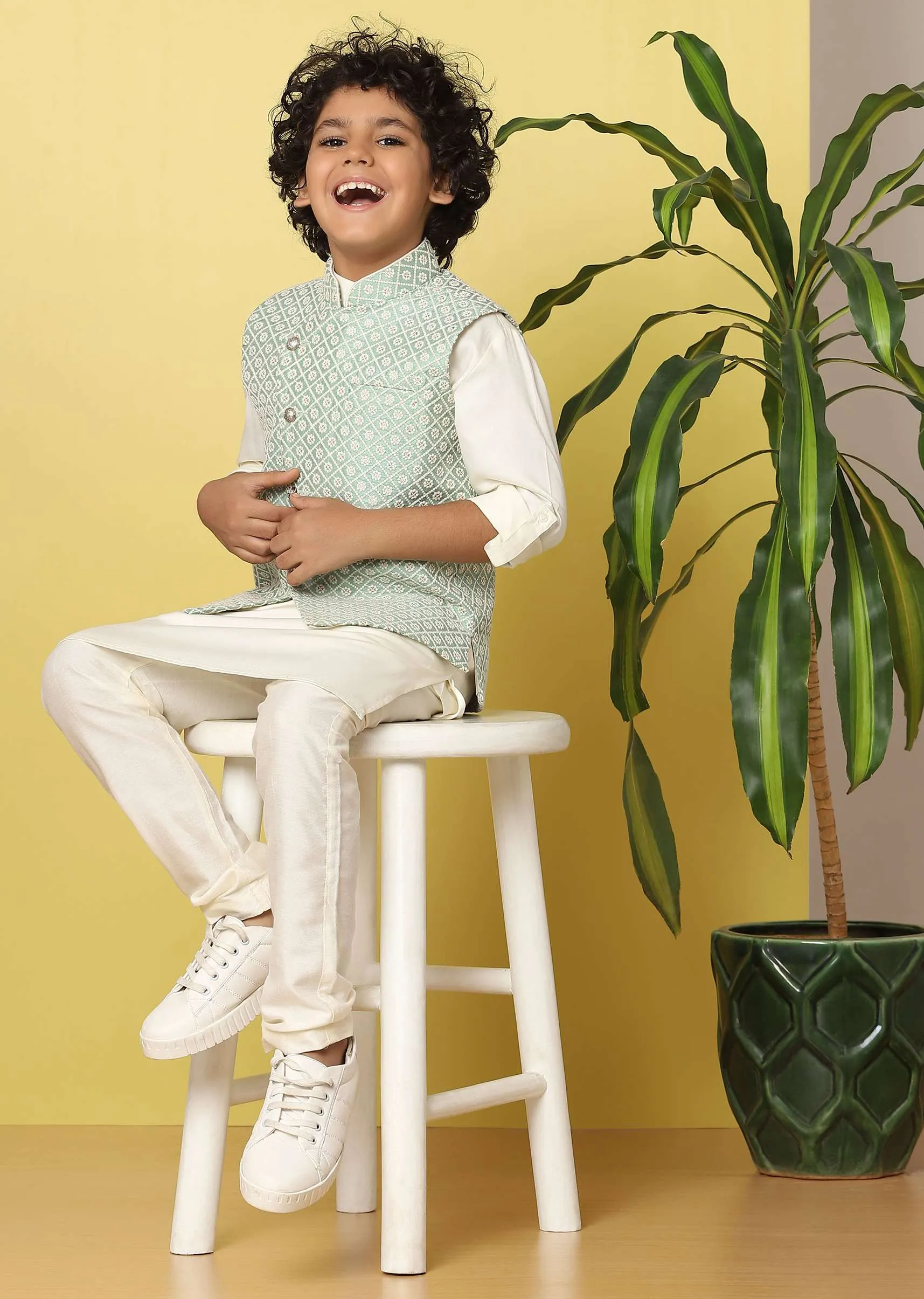 Kalki Pista Green Boys Bandi Jacket Set With In Silk With Threadwork