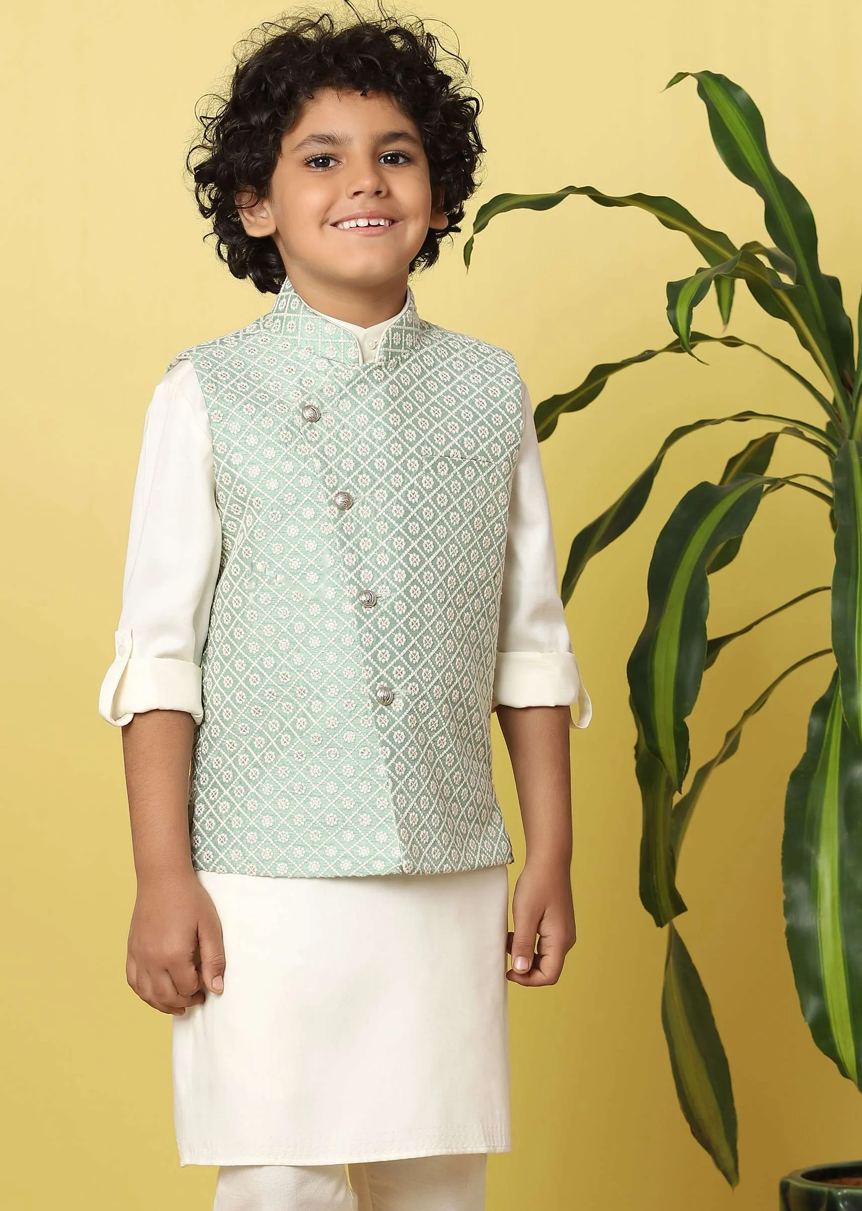 Kalki Pista Green Boys Bandi Jacket Set With In Silk With Threadwork
