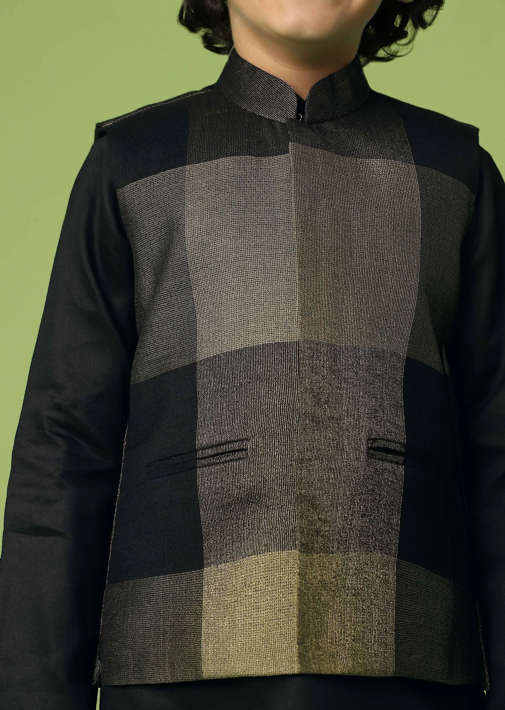 Kalki Print Black Jacket Kurta Set In Silk