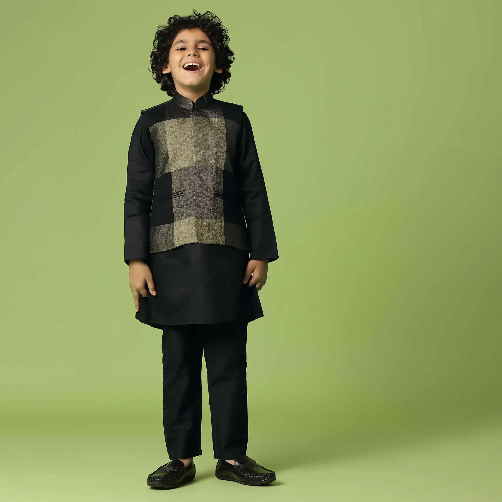 Kalki Print Black Jacket Kurta Set In Silk