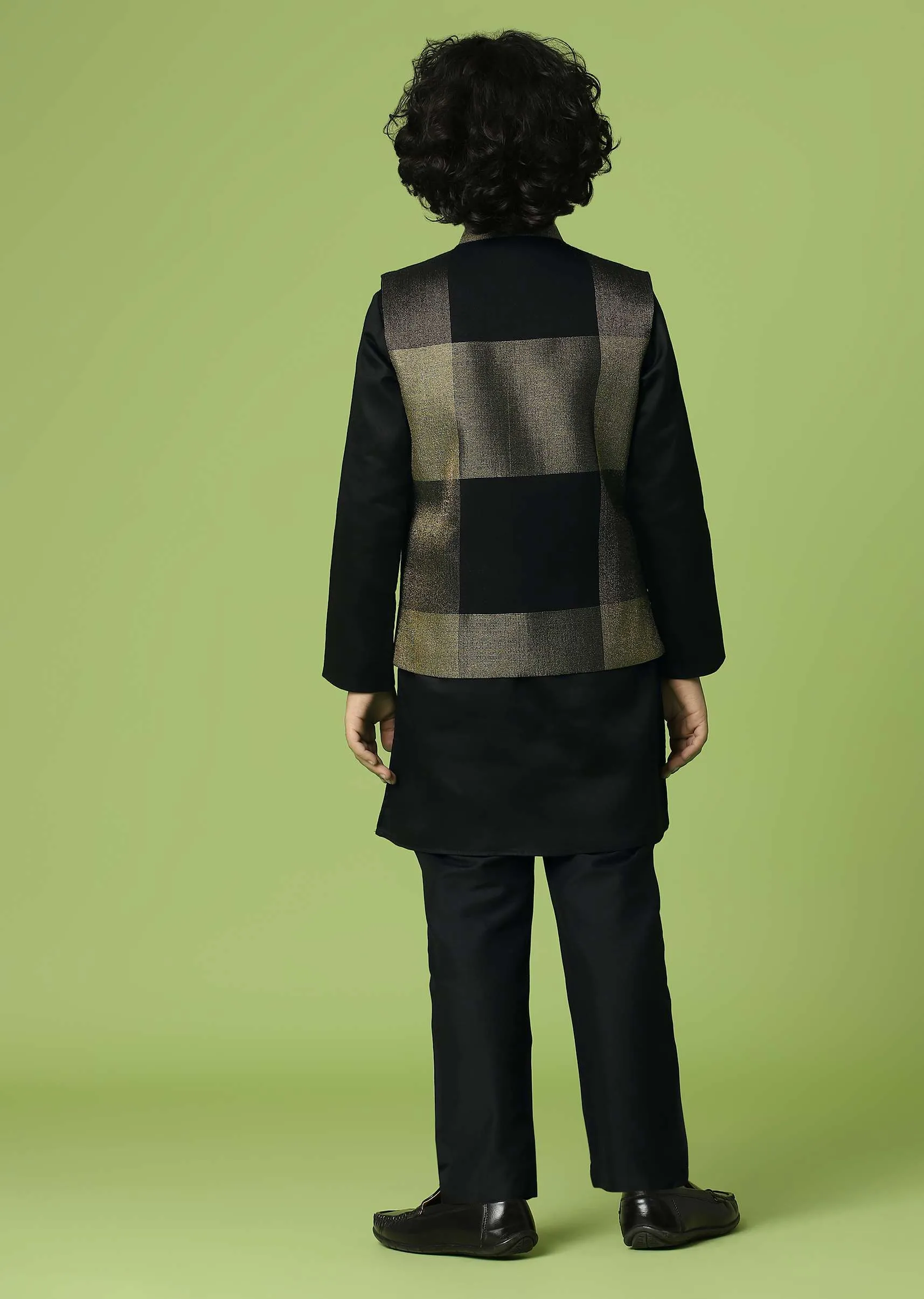 Kalki Print Black Jacket Kurta Set In Silk