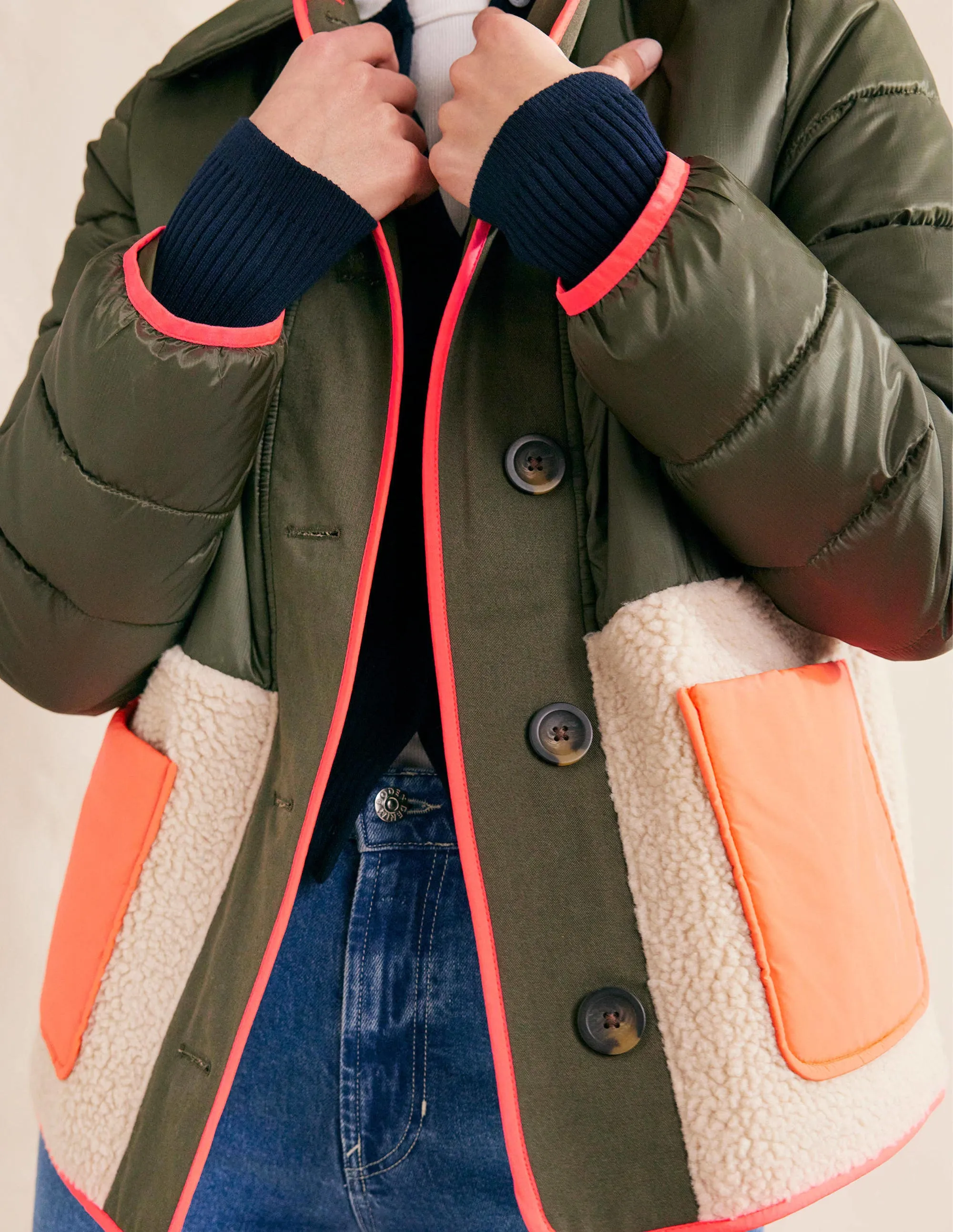 Quilted Borg Jacket-Khaki