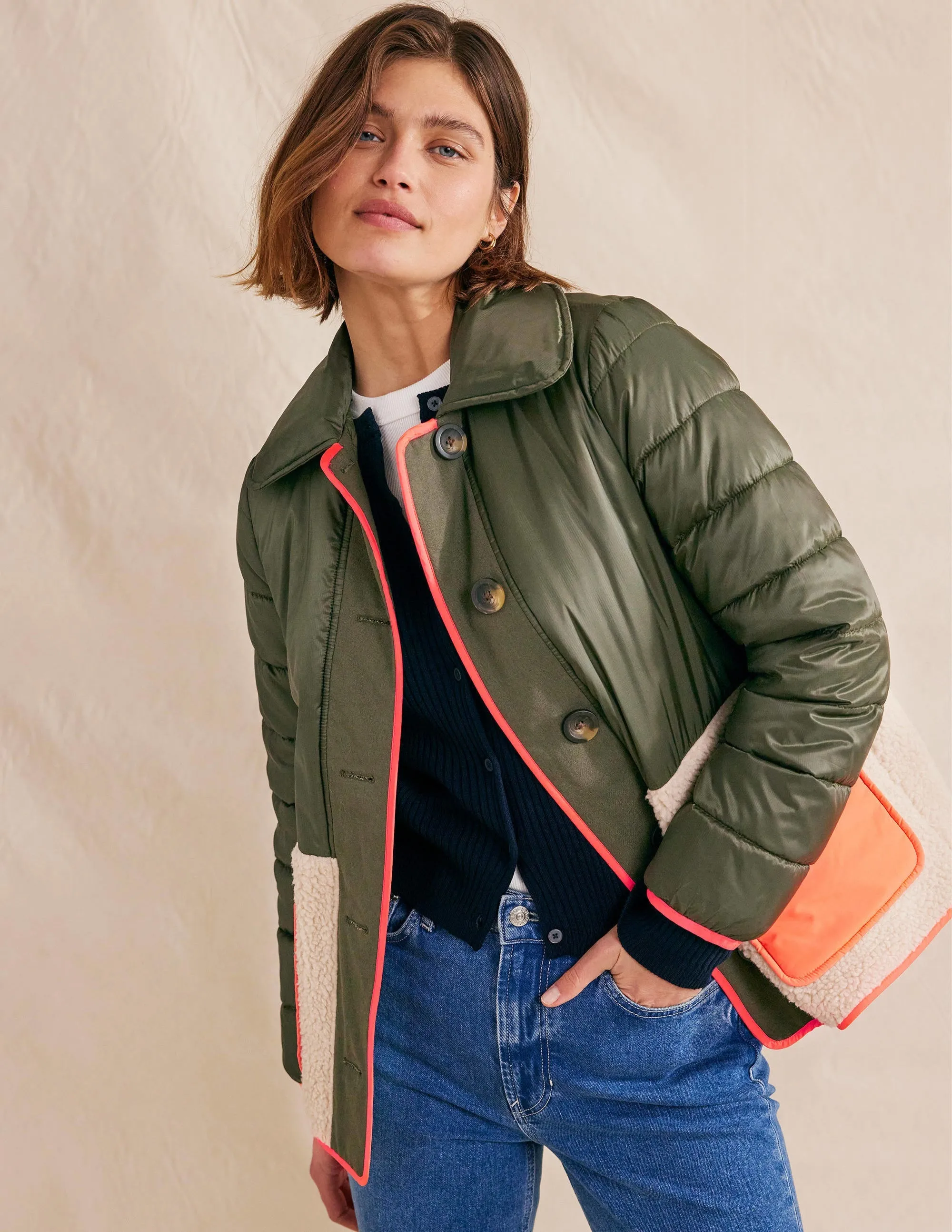 Quilted Borg Jacket-Khaki