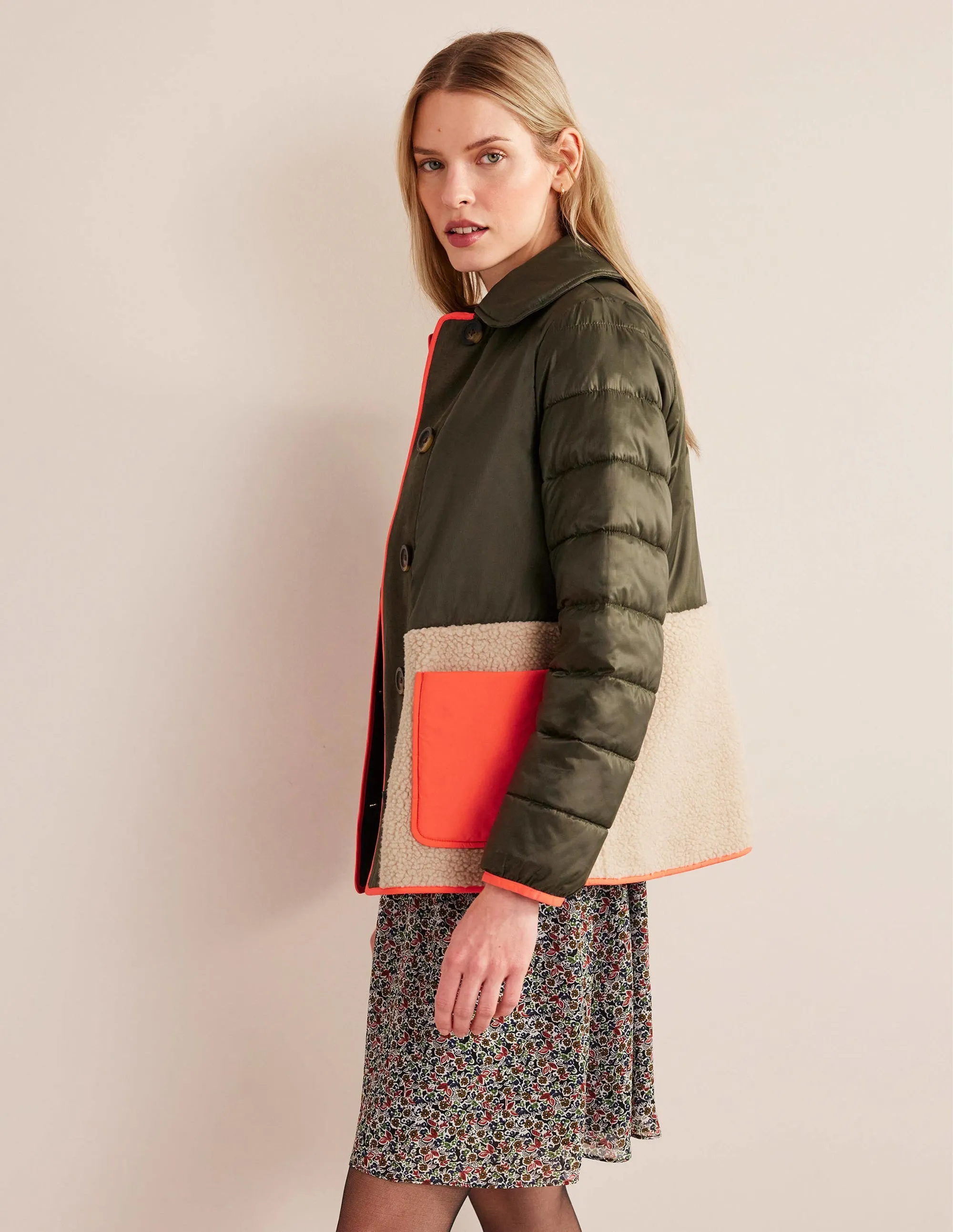 Quilted Borg Jacket-Khaki